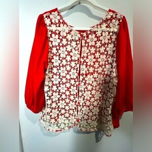 Lauren Conrad Red blouse with ivory crochet back
